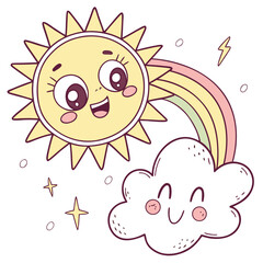 Cute cartoon sun and smiling cloud with rainbow and lightning bolt