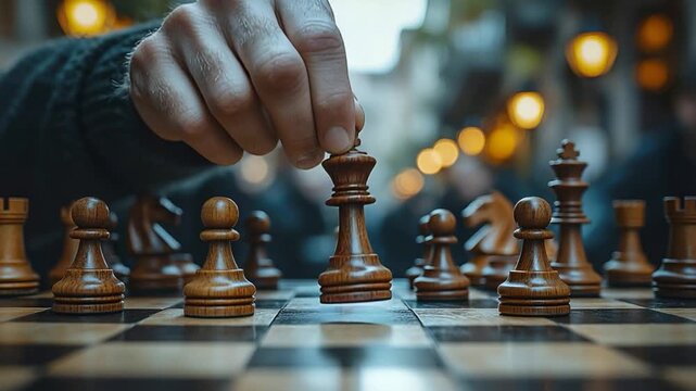 A chess player is carefully moving a chess piece on the board, the game is focused