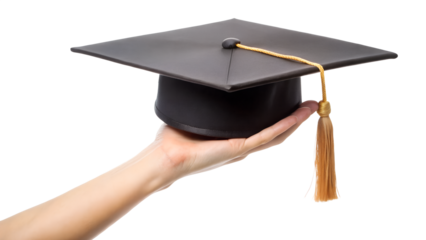 A graduation cap held in a hand isolated on transparent background represents academic success and the completion of studies