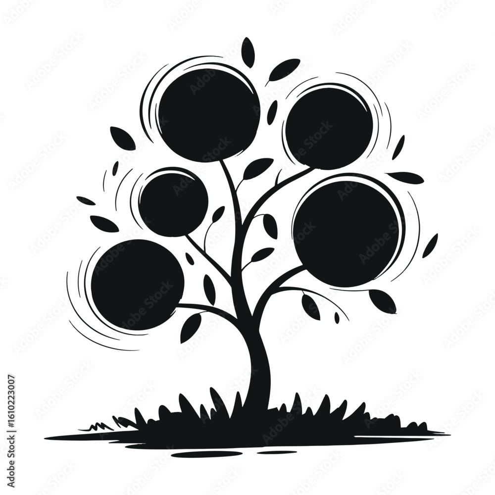 Poster whimsical tree silhouette with circular accents a minimalist graphic design element for creative and