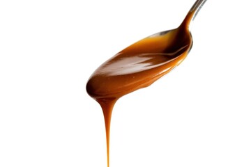 Rich glossy caramel sauce drizzling gracefully from a shiny metal spoon