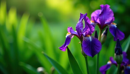 Deep Purple Irises Amongst Lush