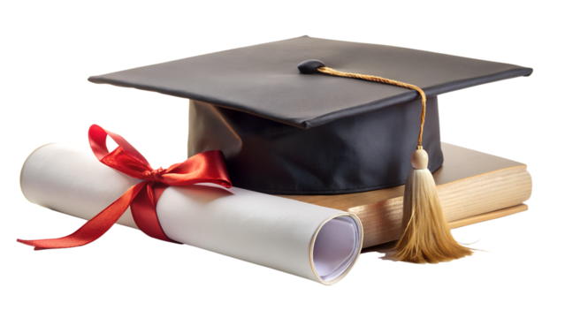 A graduation cap, diploma tied with a red ribbon, and a book symbolize academic achievement isolated on transparent background