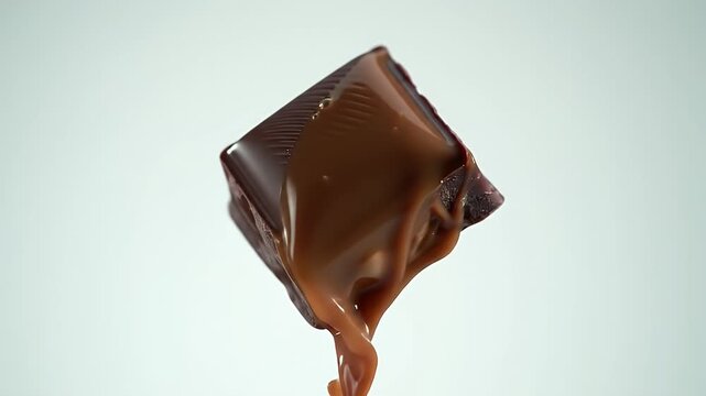 Dark Chocolate Square Bursting with Caramel in Dynamic Splash Against Soft White Backdrop for Gourmet Indulgence