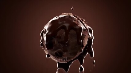 Dark Chocolate Truffle Bursting with Melted Chocolate and Small Crumbs on Dark Brown Background Close Up