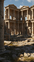 Ancient ruins display collapsed columns and weathered stone structures