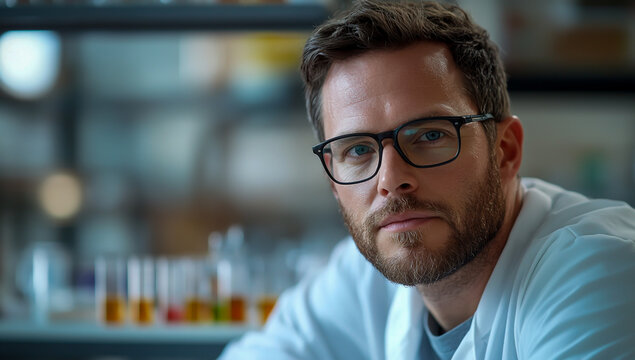 A handsome male scientist wearing glasses and a beard sits in a modern laboratory, confidently looking directly at the camera, surrounded by scientific equipment and laboratory machinery.