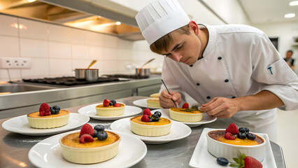 Skilled chef meticulously garnishes creme brûlée desserts with fresh berries in a professional kitchen setting
