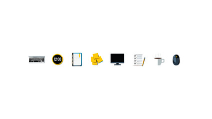 Office desk vector illustration with keyboard monitor clock notepad and other workspace essentials design
