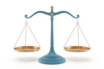 Ornate teal balance scales of justice with brass pans on a white background