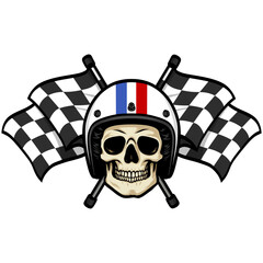 Skull Wearing Helmet Crossed Flags Vintage Retro Style Racing Vector Illustration