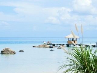 Idyllic Beach Scene Featuring a Wooden Dock, Relaxing Hut, and Lush Greenery Against a Calm Sea