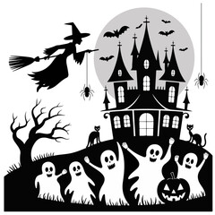 Haunted House, bats and ghosts Silhouette Spooky Halloween Castle Illustration