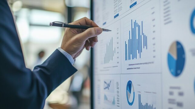 A business professional highlighting key points on a presentation slide labeled next steps showing how data is turned into actionable plans