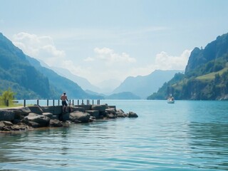 Scenic Mountain Lake View Featuring a Person on a Pier with Gentle Waters and Distant Boats