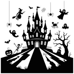 Haunted House, bats and ghosts Silhouette Spooky Halloween Castle Illustration