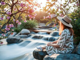 Serene Scene of a Woman Sitting by a Tranquil Stream Surrounded by Blossoming Flowers and Gentle Water Flow