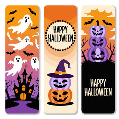 Happy Halloween Greeting Cards Pumpkins Ghosts Bats Haunted Night Illustration