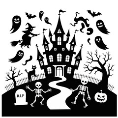 Haunted House, bats and ghosts Silhouette Spooky Halloween Castle Illustration