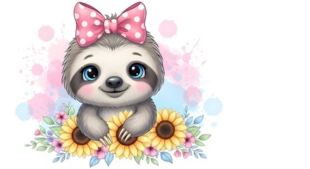 Sloth and flowers on dark background 