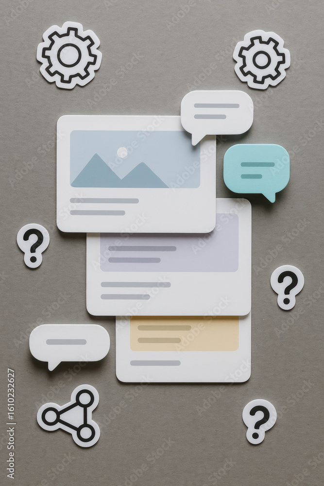 Poster user interface design with layered content tiles and response bubbles creates engaging interaction a