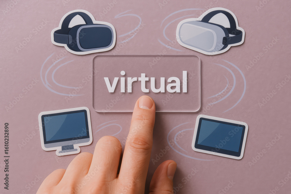 Poster virtual technology and interaction interface features pressing digital card on soft lilac background