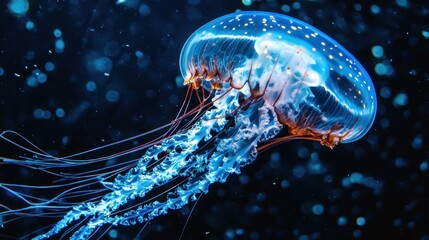 A close-up shot of a jellyfishâ€™s delicate tendrils pulsating with bioluminescence