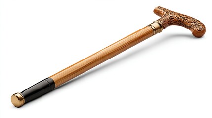 Ornate wooden walking stick with a carved handle and a black tip resting on white