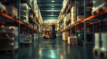 Large retail warehouse interior with high shelving units stocked with cardboard cartons, pallets on concrete floor, and blurred forklift in motion for logistics, transportation, and product distributi