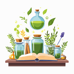 Magical Potion bottles and Herbs: A collection of whimsical glass potion bottles and herbs, meticulously arranged alongside an open book.