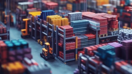 Large retail warehouse interior with high shelving units stocked with cardboard cartons, pallets on concrete floor, and blurred forklift in motion for logistics, transportation, and product distributi