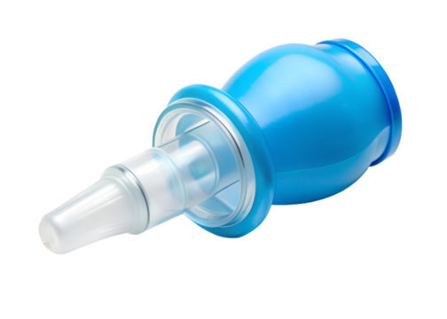 A blue nasal aspirator isolated on transparent background, designed to gently remove mucus from a babys nose for easier breathing
