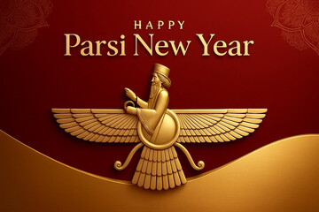 Elegant Happy Parsi New Year Greeting with Faravahar Symbol on Red and Gold Background – AI-Generated