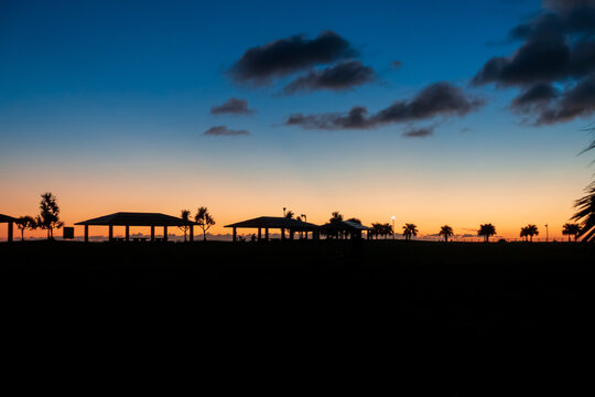A view of a park in Okinawa at sunset