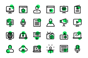 Comprehensive collection of communication and information symbols featuring broadcast print digital media and journalistic elements for modern design projects