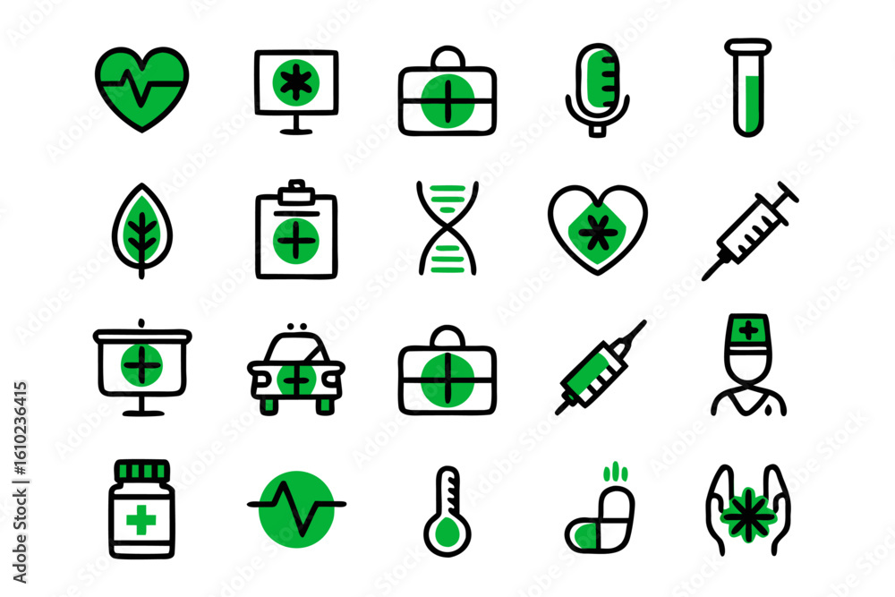 Poster clean and modern healthcare symbols collection featuring medical instruments and health related elem