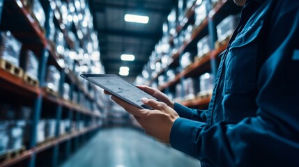Smart warehouse management system with worker using digital tablet in modern storage facility, advanced inventory control and logistics technology for supply chain efficiency on blurred industrial war
