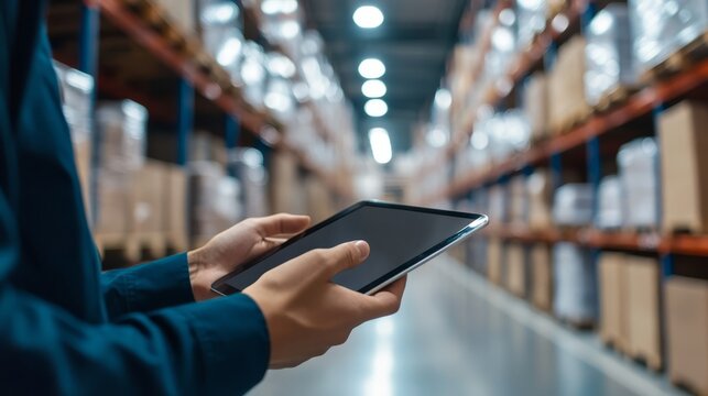 Smart warehouse management system with worker using digital tablet in modern storage facility, advanced inventory control and logistics technology for supply chain efficiency on blurred industrial war