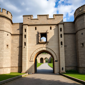 A medieval fortified gatehouse with portcullis and murder holes , stone gateways, , old gateways
