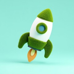 rocket growth minimal sustainability concept. Rocket made of grass and stone, launching against a teal background.