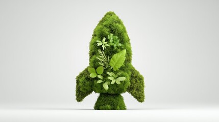 rocket growth minimal sustainability concept. Green rocket sculpture made of plants symbolizing eco-friendliness and innovation.