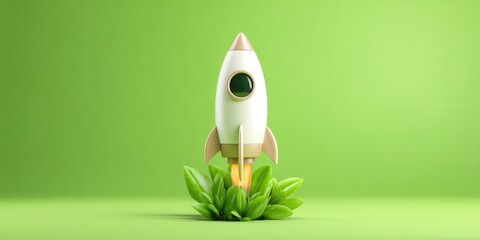 rocket growth minimal sustainability concept. Rocket launching from green foliage against a vibrant background.