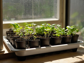 Young Seedlings Growing in Pots by Sunlit Window