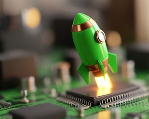 rocket growth minimal sustainability concept. A green rocket launching from a computer circuit board, symbolizing technology and innovation.
