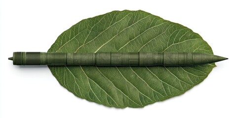 rocket growth minimal sustainability concept. A pen resting on a textured leaf, showcasing a blend of nature and creativity.