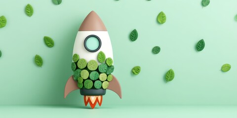 rocket growth minimal sustainability concept. Whimsical rocket adorned with green leaves on a mint background.