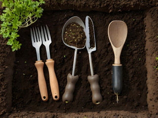 Gardening Tools and Soil on Wooden Table for Planting
