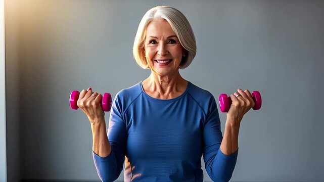 Senior Woman in Blue Outfit Lifting Pink Dumbbells in a Neutral Grey Background with Sunlight