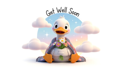 Cartoon duck holding flowers with "Get Well Soon" text, surrounded by clouds on a white background.