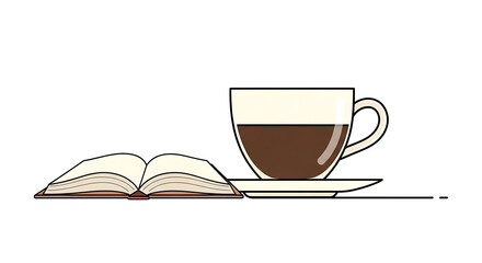 Illustration of an open book next to a cup of coffee on a saucer, against a white background.
